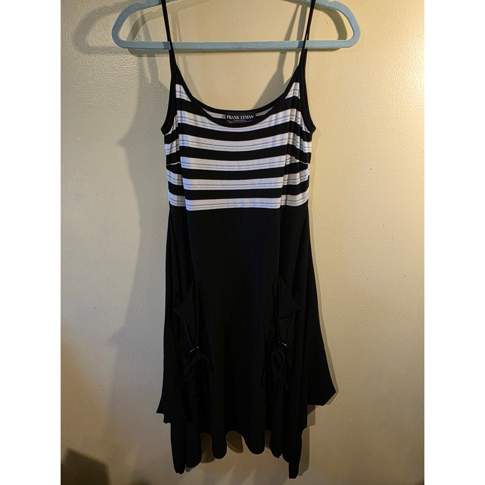 Frank Lyman Montreal Black White Striped Metallic Handkerchief Hem Midi Dress